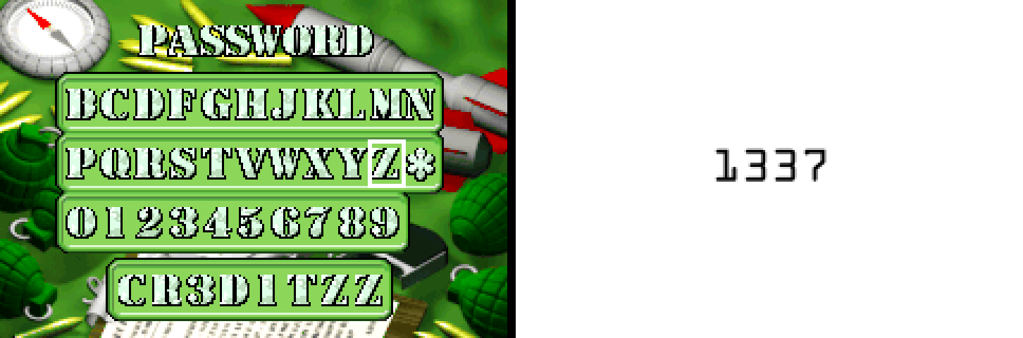 Army Men: Operation Green: CR3D1TZZ on the password grid, and the white 1337 screen from H4X0RD1Z