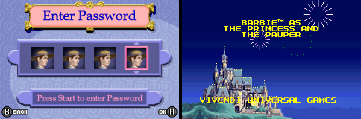 Barbie as the Princess and the Pauper: four Julians on the password screen, and the end credits they jump to