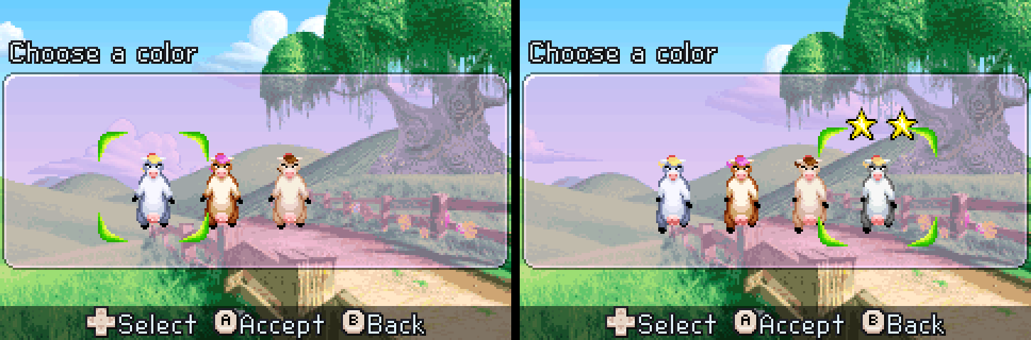 Barnyard: the color picker before (3 cows) and after (4, the new one marked with two stars)