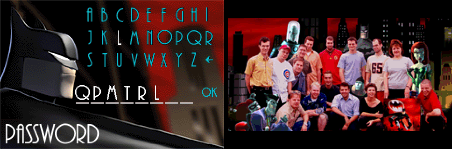 Batman: Vengeance: QPMTRL, and the hidden team photo composited over the game’s Gotham skyline