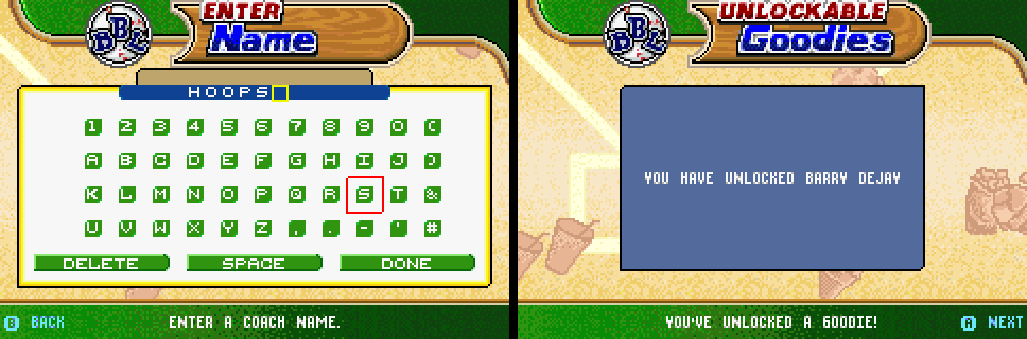 Backyard Baseball 2006: HOOPS typed as a new coach name, then YOU HAVE UNLOCKED BARRY DEJAY