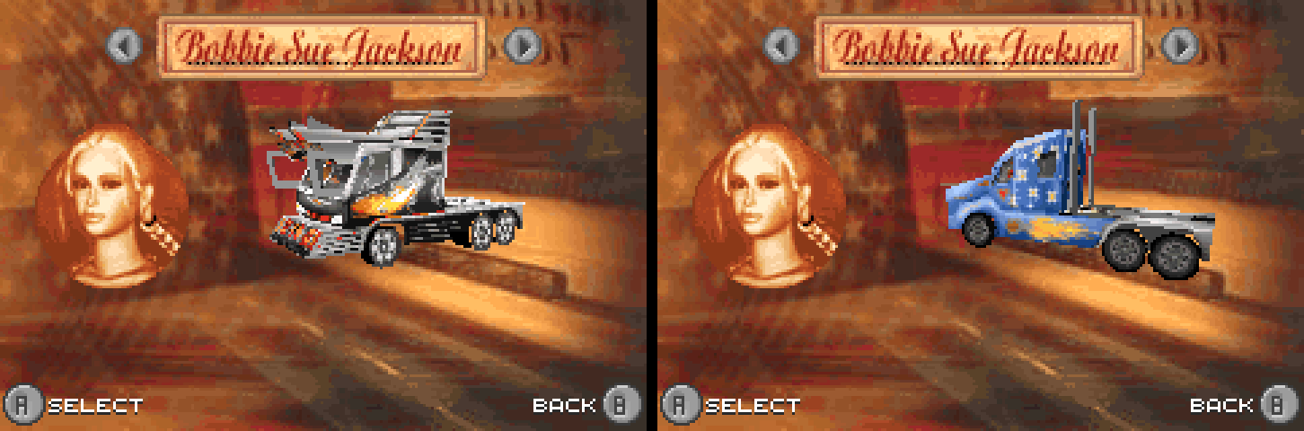 Big Mutha Truckers: character select after code 1 (Evil Bob’s rig), and after code 2 (the stock truck, unchanged)