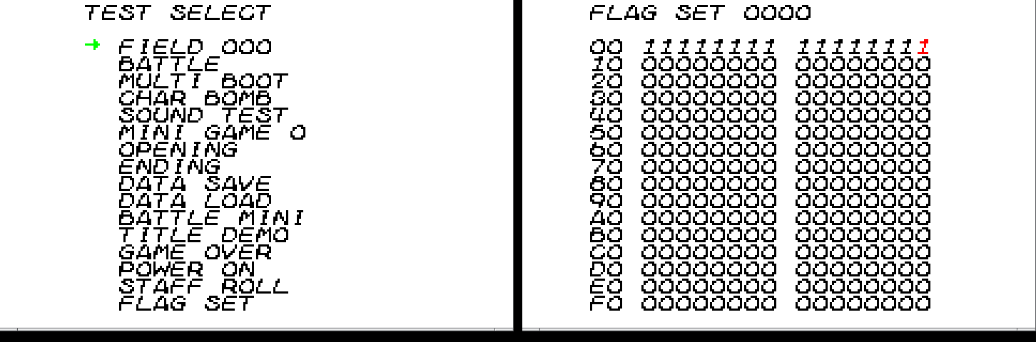 Bomberman Tournament (patched boot): TEST SELECT, and the FLAG SET editor with the first 16 flags set