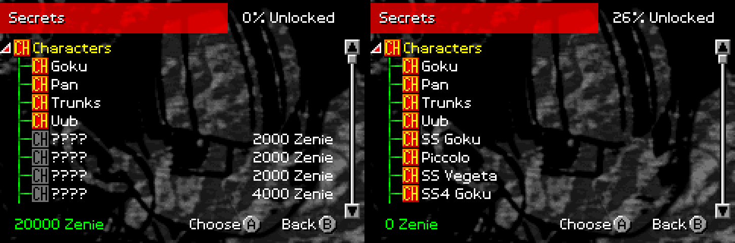 Dragon Ball GT: Transformation: the Secrets screen showing 20000 Zenie after the Zeni code, and all characters unlocked (26%) after the unlock-all code