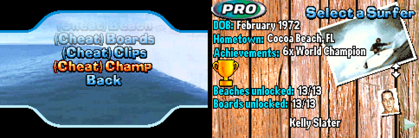 Kelly Slater’s Pro Surfer: the four (Cheat) toggles in Extras, and Beaches/Boards unlocked 13/13 on the surfer select