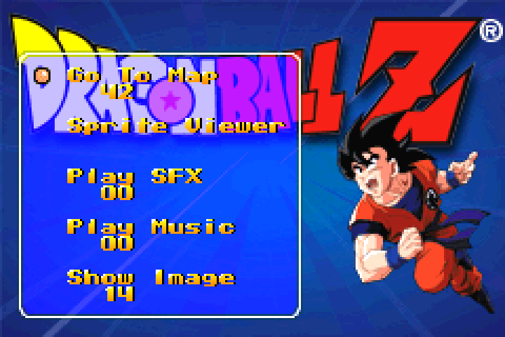 Legacy of Goku I: the debug menu reached through the in-game pause menu’s Options